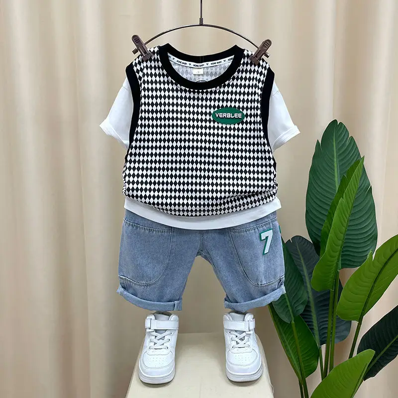 

Summer Boy Clothing Sets Baby Plaid Short Sleeve Patchwork T-Shirt + Pants Boys Suit 2pc Children Boys Clothes 2-12 Yrs Outfits