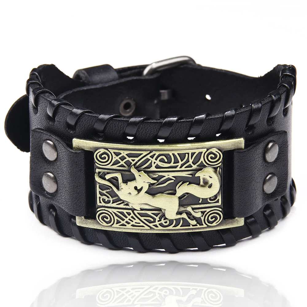 Leather Bracelet Charm Wide Leather Bracelet Men Punk Braided Rope Alloy Cuff Bangle Male Wristband Viking Bracelet