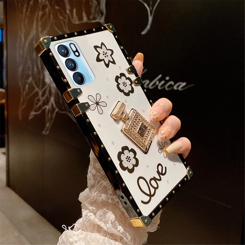 Custodia per bottiglia di profumo di diamante di lusso per Oppo Reno 2Z 3 5 6 Pro Find X2 X3 Neo Lite Cover protettiva per telefono morbida quadrata_voghion.com