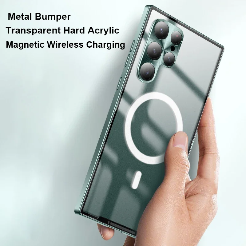Magnetic wireless charging case for Samsung Galaxy S22 Ultra S23 S24 Plus 1 S20 FE Metal bumper aluminum transparent phone case