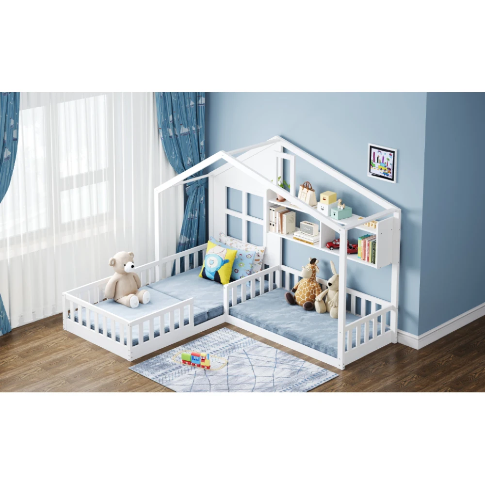 90x200cm (140x70cm) Bett mit Fensterregalen, LED-Lichtleiste, Kinderbett mit Sicherheitsgitter und Lattenrost, Holzfarbe – Detail 22