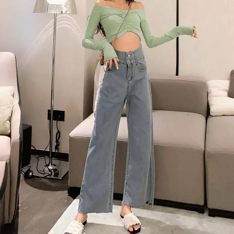 Women Mopping Long Solid Wide-leg High-waist Hollow Out Korean-style Sexy Trendy Womens Chic Slim Drape Vintage Summer New Jeans