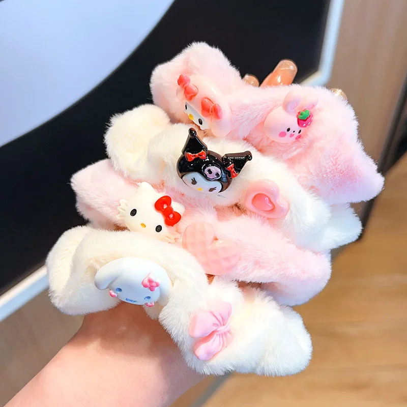 

Kawaii Anime Hellokittys Kuromi Cinnamoroll My Melody Cute Cartoon Plush Large Intestine Hair Ring Girls Hair Rope Rubber Band