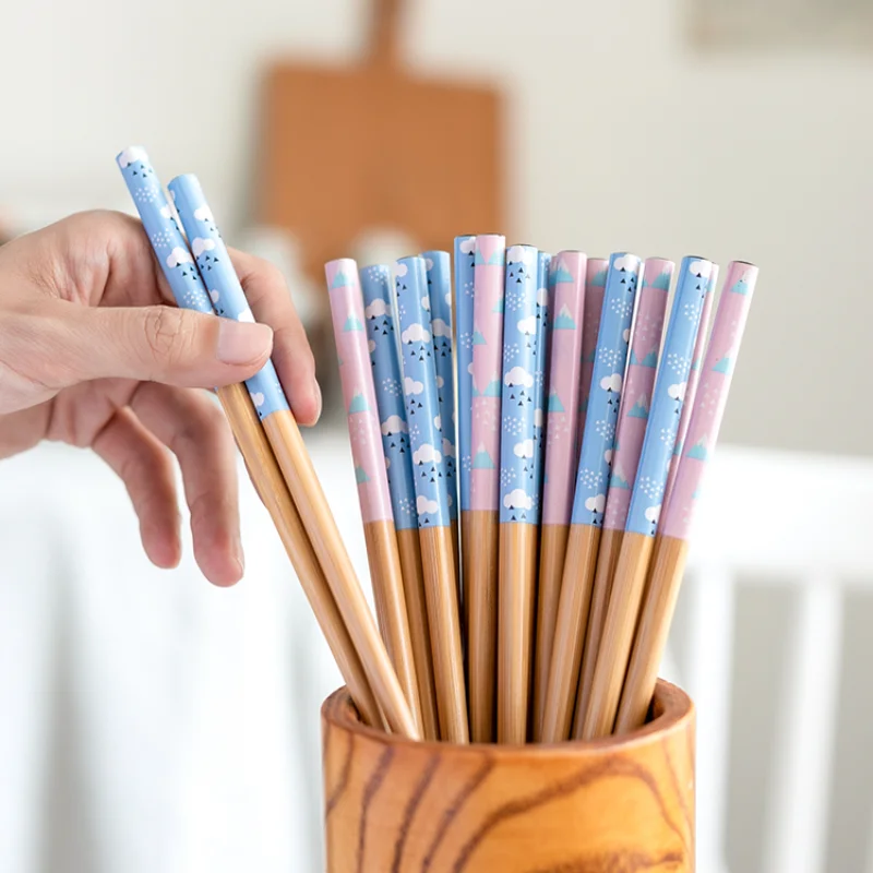 

5Pair Blue Reusable Handmade Chopstick Bamboo Japanese Natural Wood Chopsticks Sushi Food Flower Wooden Chop Sticks Tableware