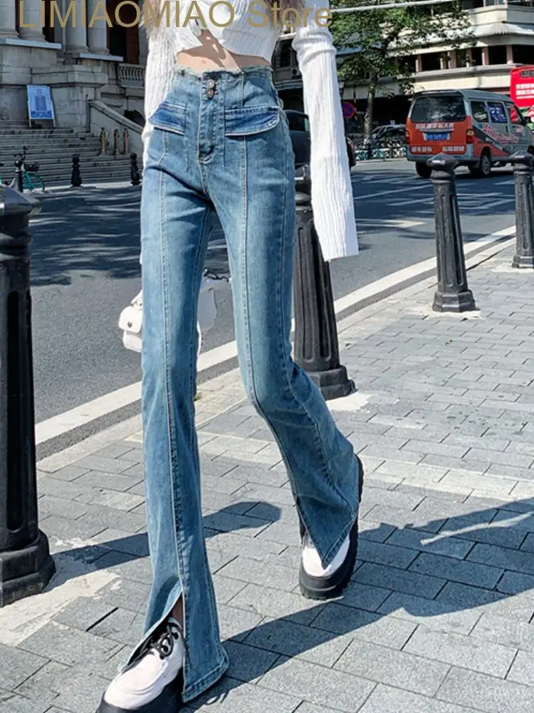 New Winter Blue High Waist Jeans Women Korean Style Casual Slim Flare Pants Female Streetwear Chic Split Denim Trousers