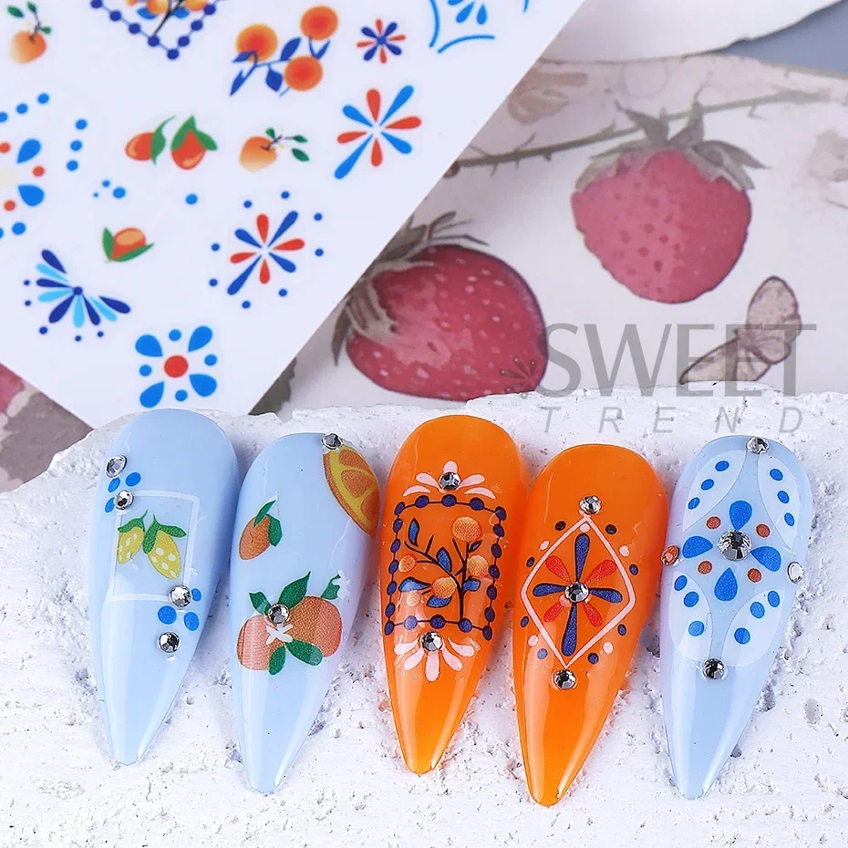 2pcs Bohemian Style Nail Art Stickers 3D Cute Orange Lemon Leaves Petals Nail Decals DIY Adhesive Sliders Summer Manicure Decor