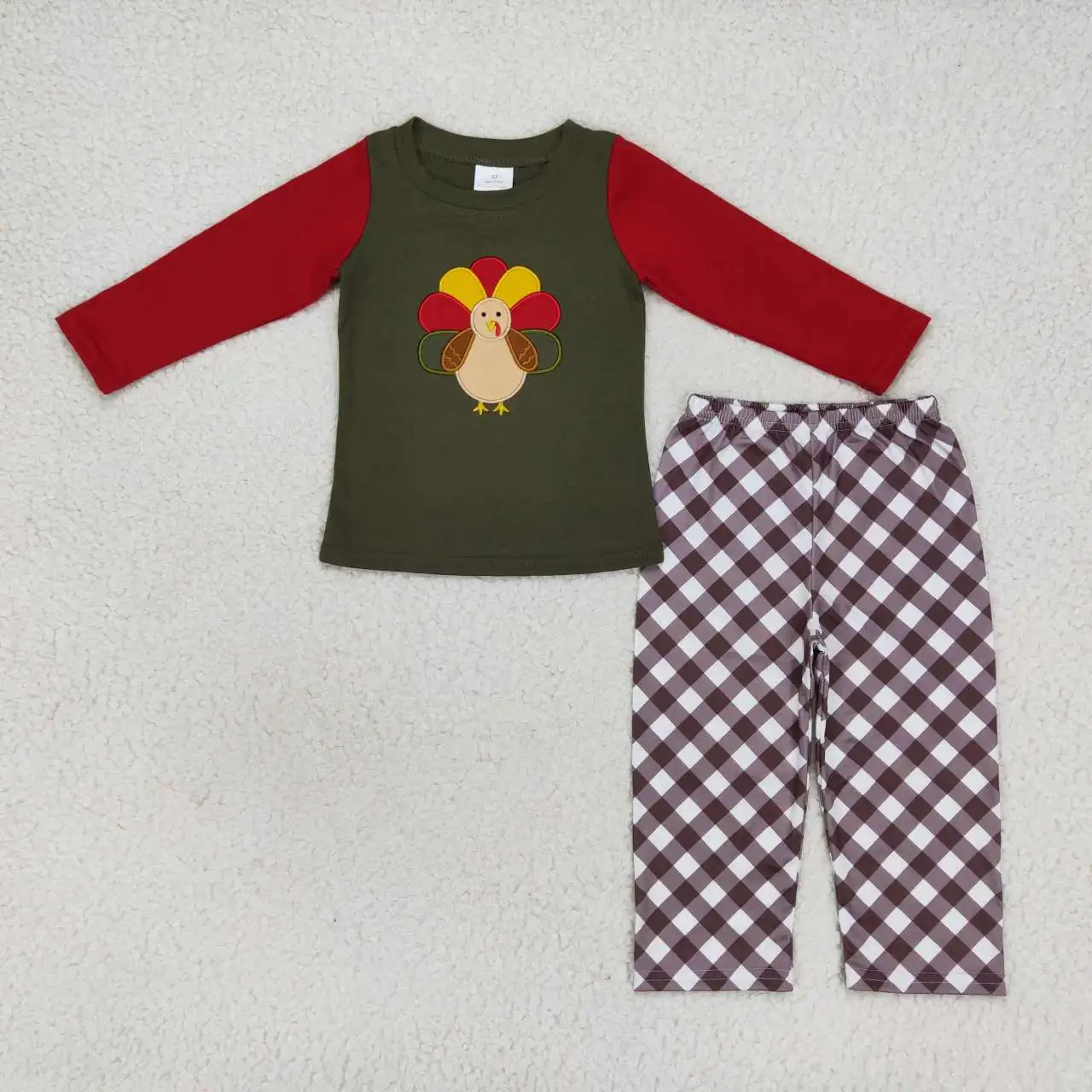 

Wholesale hot sale new design kids Baby Boys Clothes Embroidered Turkey khaki check dark green Burgundy long sleeve outfit