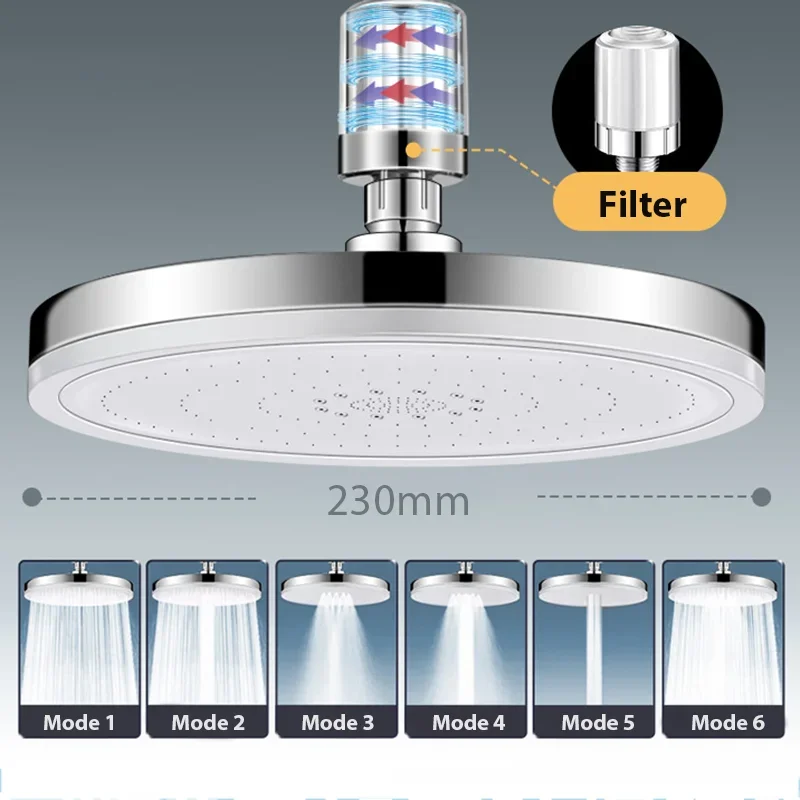 

6 Modes Rainfall Shower Head Bathroom High Pressure Top Rain Shower Heads Shower Faucet Accessories with Filter