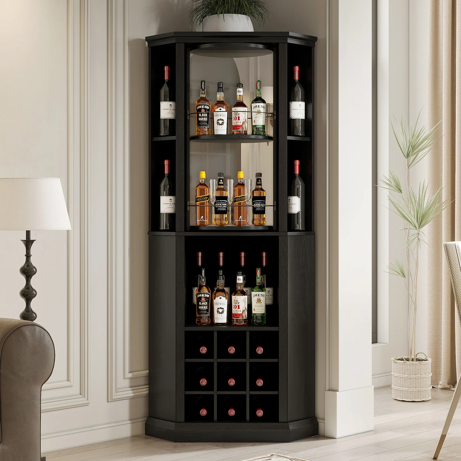 Corner Wine Cabinet with Rotating Glass Wine Rack, Farmhouse Bar Storage Cabinet with Cup Holders, Bar for Dining Room