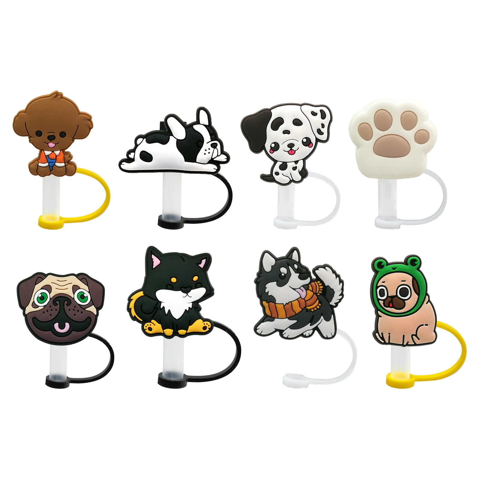 

8pcs Straw Cover Home Cute Leakproof Drinking 7-8mm Silicone Tips Travel Soft Plug Reusable Cartoon Dog Dustproof Keep Clean