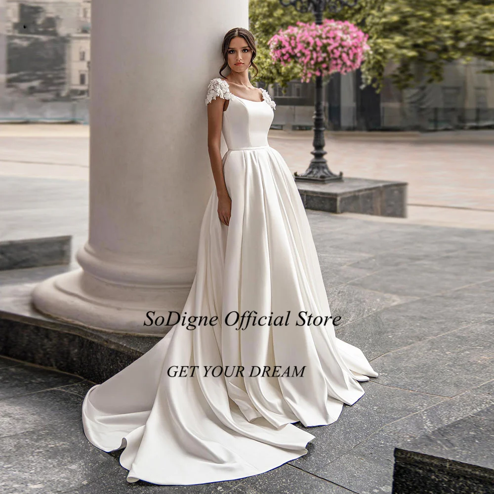 SoDigne Satin Wedding Dress For Women Elegant Cap Sleeves Scoop Neck Flowers Women A-Line Bridal Gown With Pockets Customized 14 Sfe2ec9a636a64ff587a1856373ba71c0y