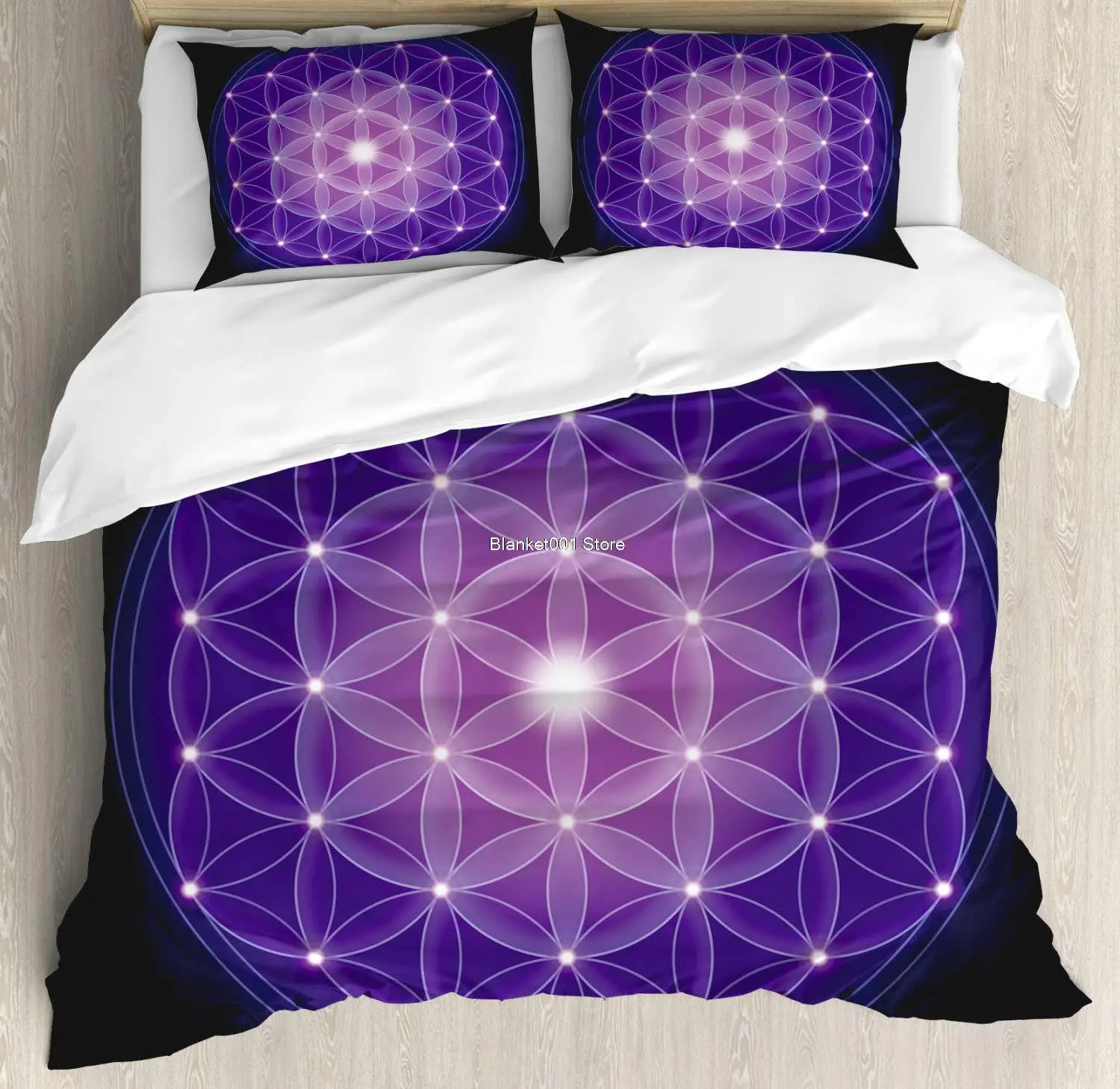 

Dark Blue Duvet Cover Set Flower of Life with Stars Geometry Print Decorative 3 Piece Bedding Set with 2 Pillow Shams King Size