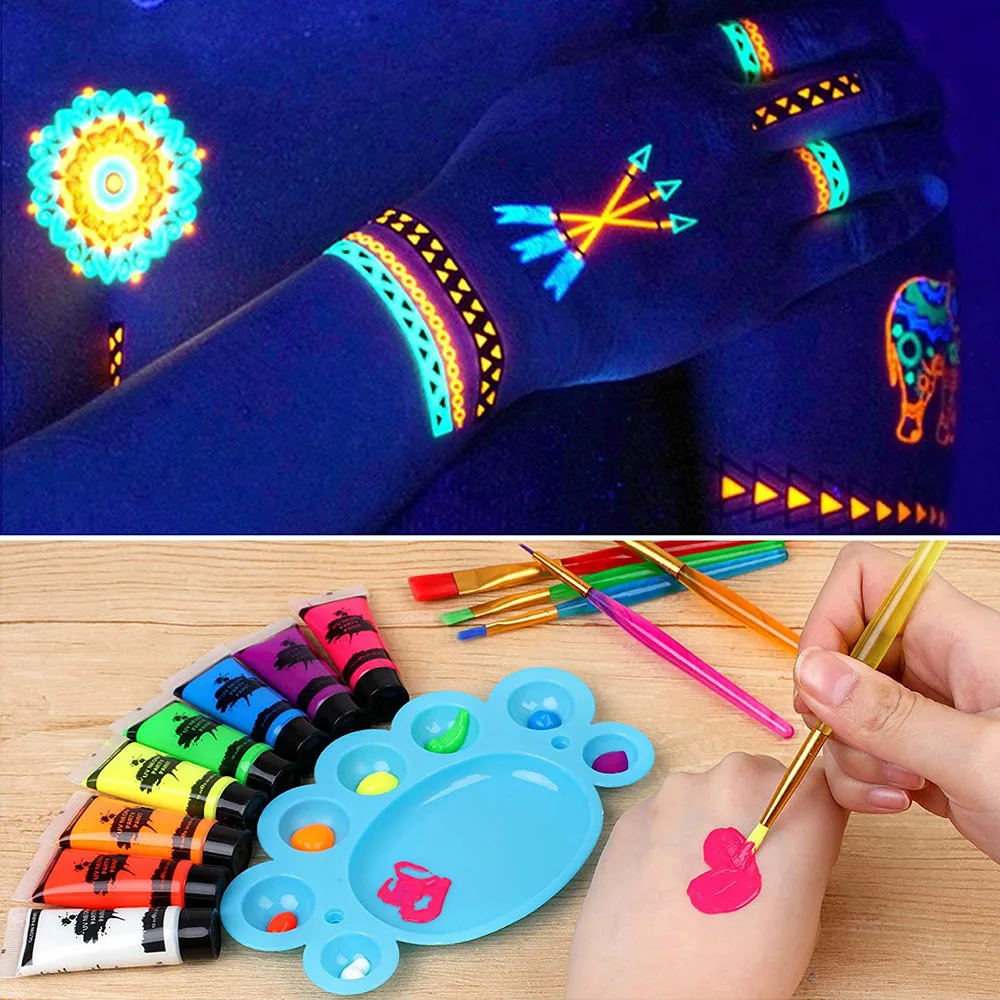 UV Neon Face Body Paint Glow in the Dark Makeup Set Fluorescent Painting for Adults Kids Festivals Party Halloween Christmas 3