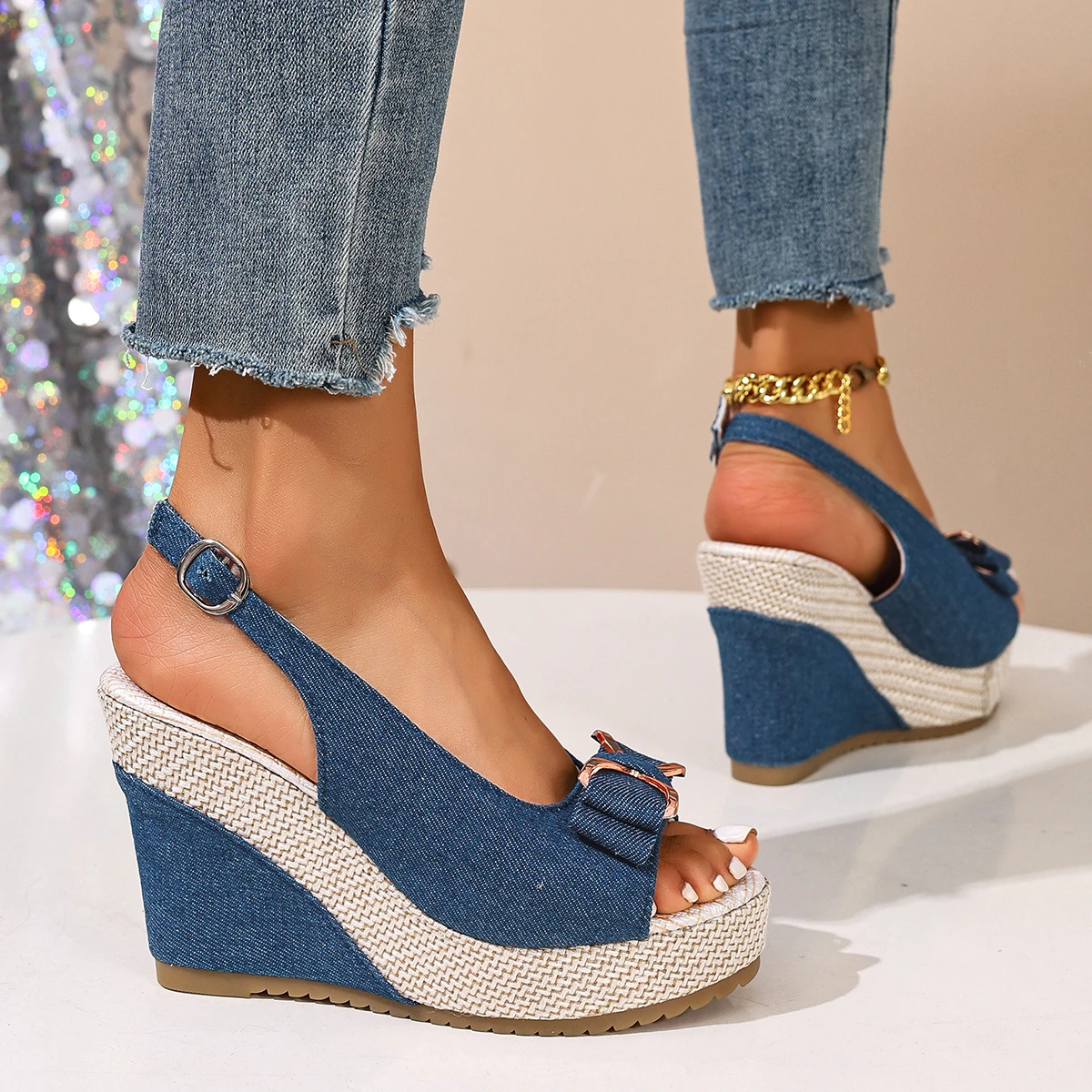 Comfortable Retro Women's Leather Wedge Platform Sandals Black_voghion.com