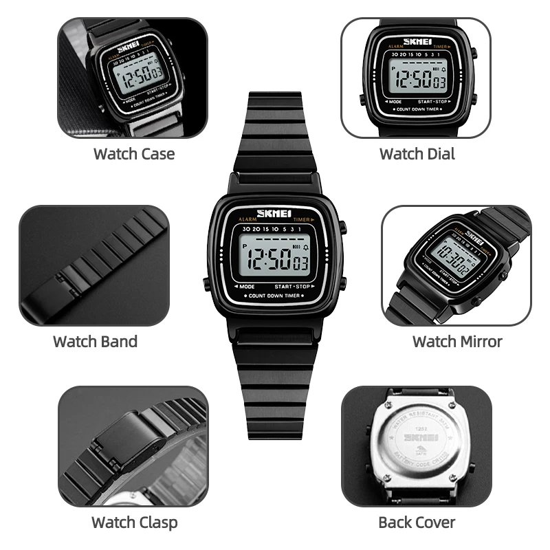 ساعات سوار فاخرة من الفولاذ المقاوم للصدأ ومقاومة للماء رقمية 6