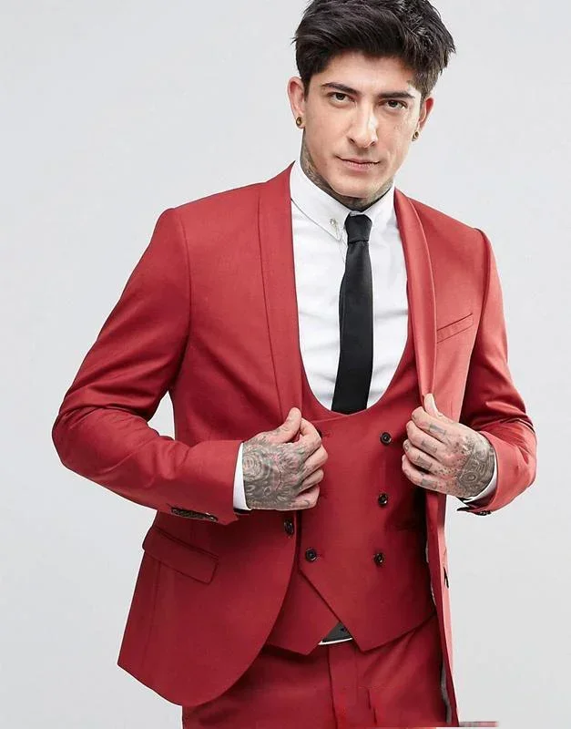 

2024 модный красный мужской костюм из 3 предметов, Высококачественная приталенная облегающая куртка, свадебные смокинги, официальный Женский Повседневный деловой костюм для мужчин