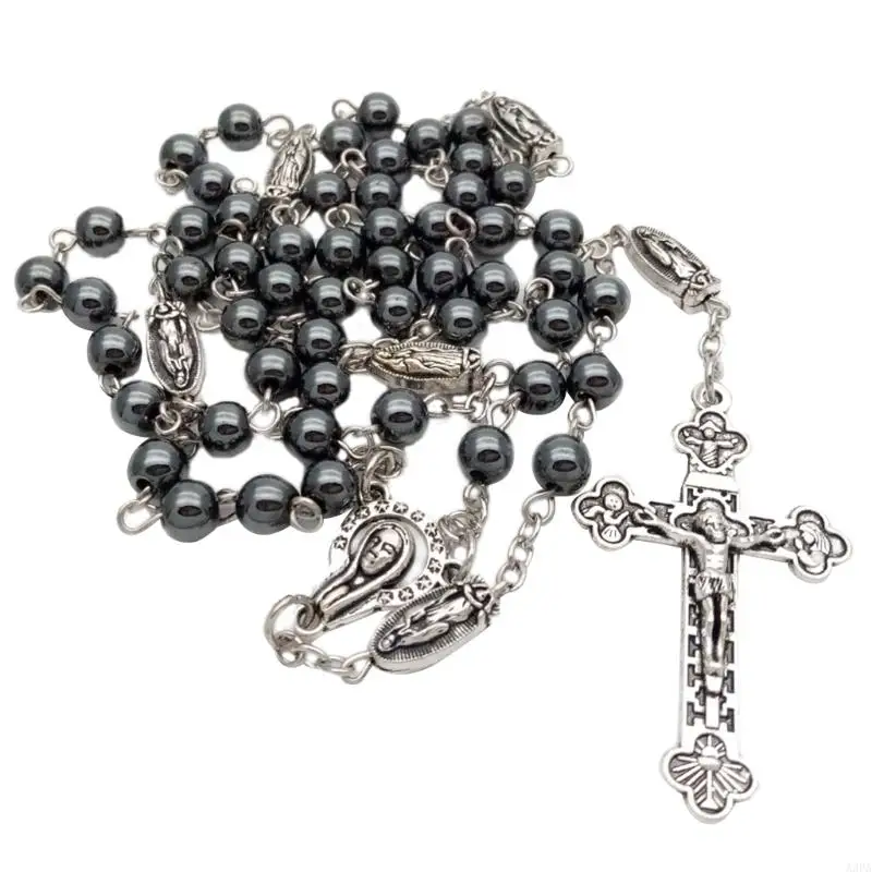 A3PA Vintage Religion Rosary Necklace Hematite Stone Beads Chain Jesus for Cross Pend