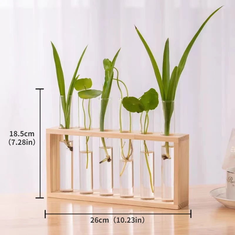 Simple Nordic Test Tube Glass Vase Decoration Creative Wooden Frame Hydroponic Plant Container Home Decoration