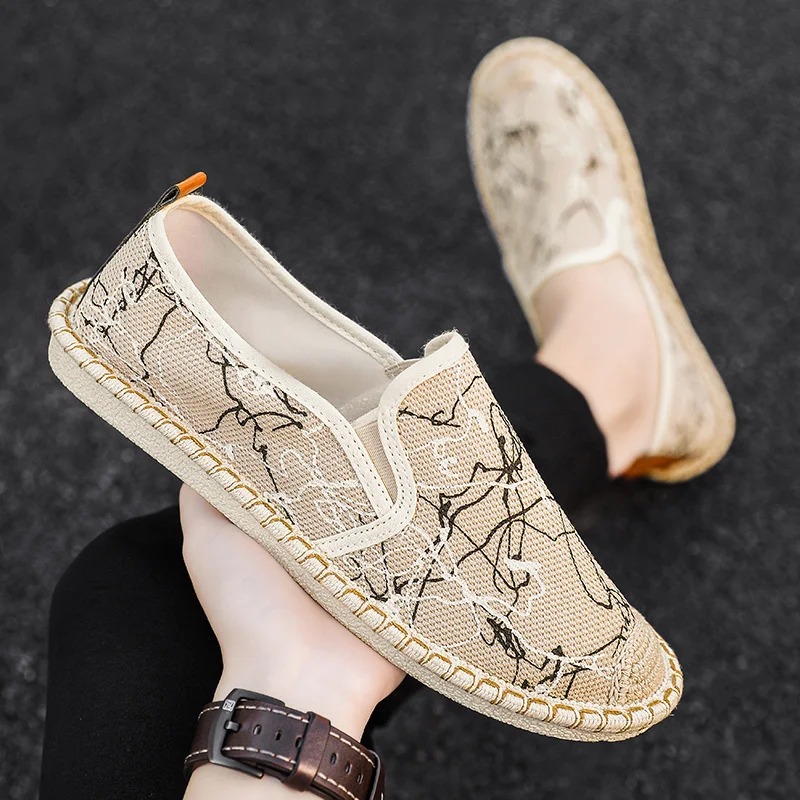 2023 New Classic White Men's Fisherman Loafers Fashion Print Canvas Shoes Man Flats Espadrilles Breathable Male Summer Footwear