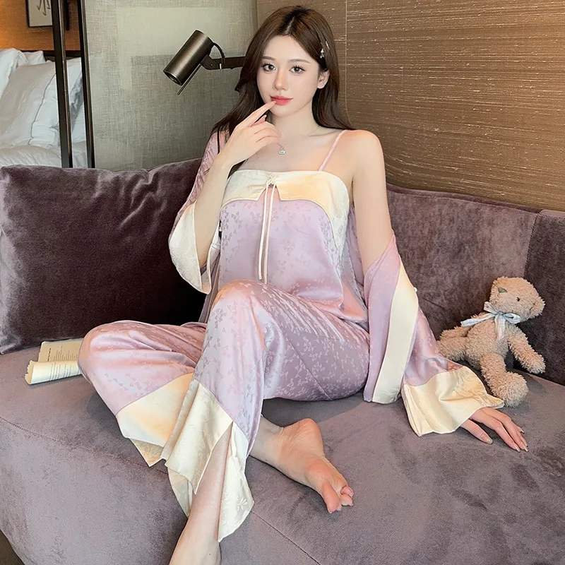 طقم بيجامات حريرية للنساء ، ملابس نوم من الساتان ،...