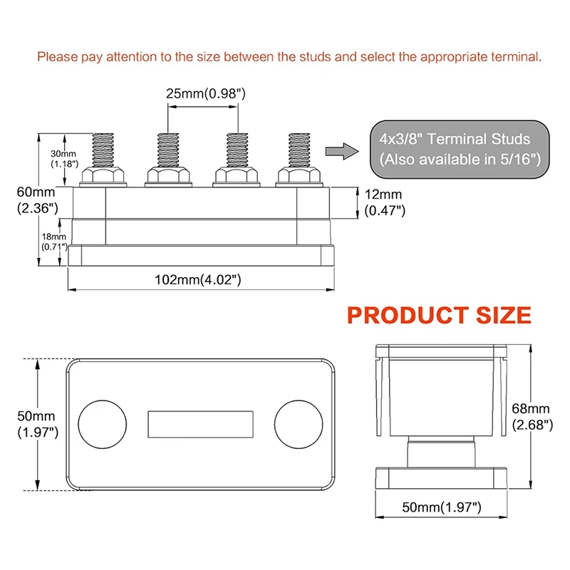 마린 버스 바 터미널 블록, 마린 DC 12V, 24V, 48V, 커버 포함, 레드, 2X 600A, 4 스터드 (3/8 인치), M10