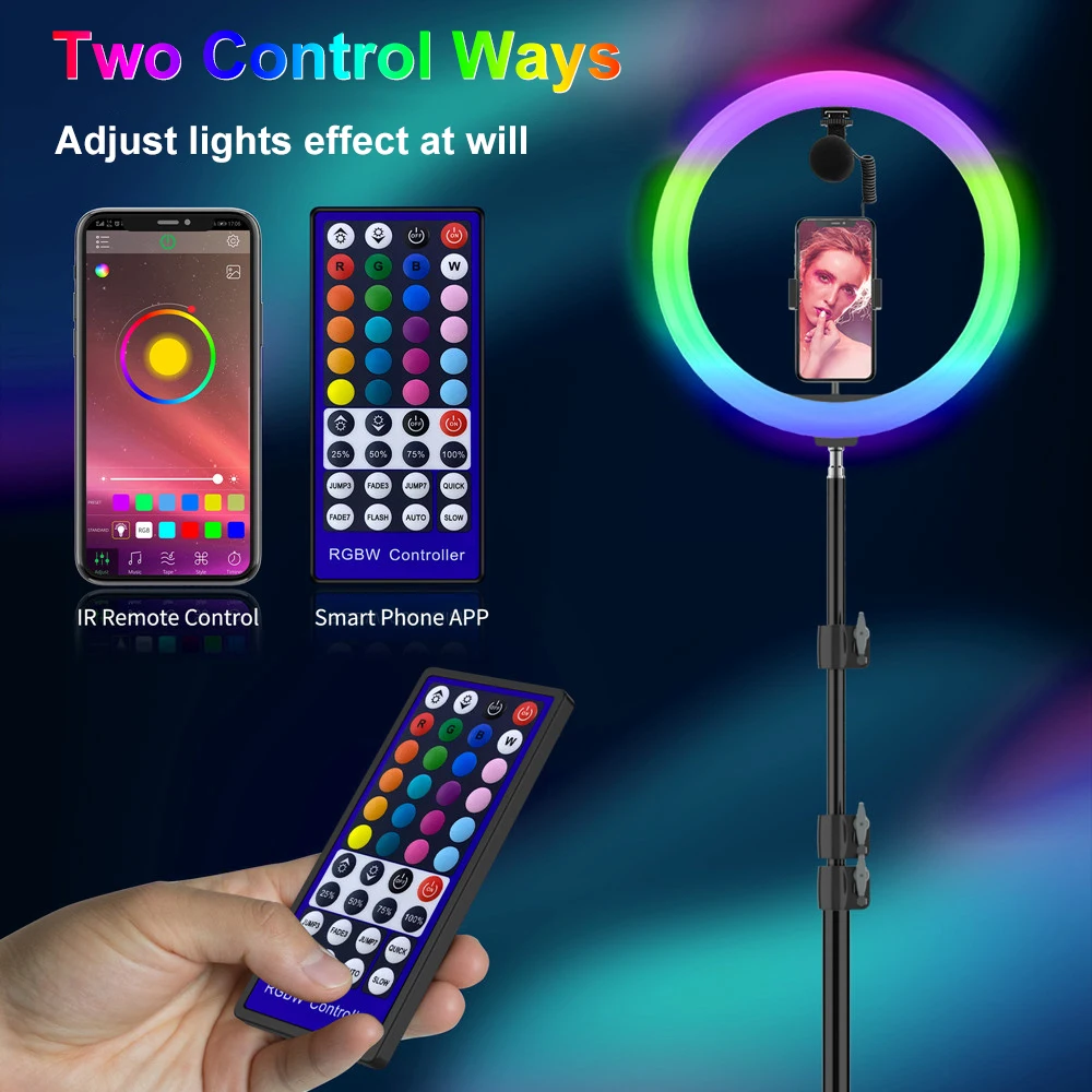 셀카 RGB LED 원형 링 램프, 스탠드 삼각대 포함, 무선 원격 사진 조명, 휴대폰 틱톡 비디오 녹화용, 10 인치