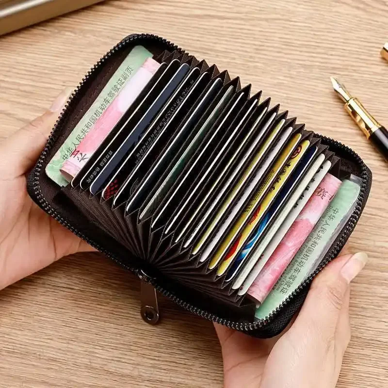 Multi Slot Card Holder Vintage Small Wallet Women Men Business Bank Credit Card Bag Male Coin Pouch Solid Leather Zipper Wallet 4