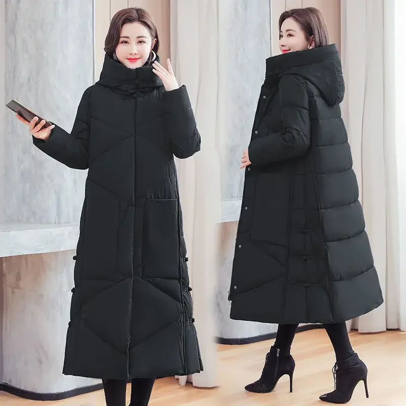 Retro Women's Long Down Padded Jacket Winter Warmth Korean Fashion Loose Long Cotton Coat Over The Knee Cotton Jacket Coat New