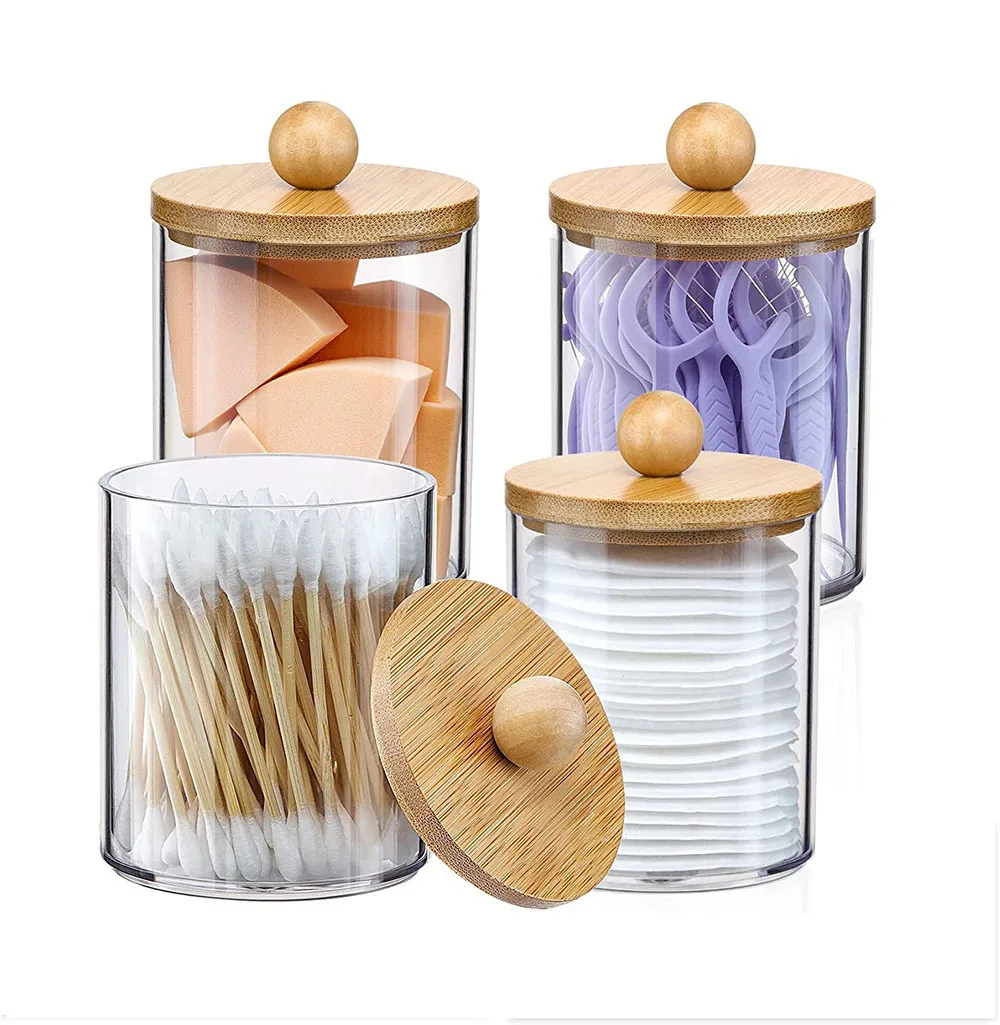 

Bathroom Canister Accessories, Storage Organizer, Clear Plastic Jar for Cotton Ball, Qtip Holder Dispenser Set with Bamboo Lids