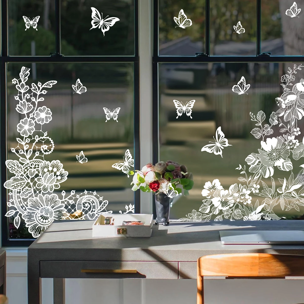 Elegant White Flower and Butterfly Lace Static Cling Window Decals