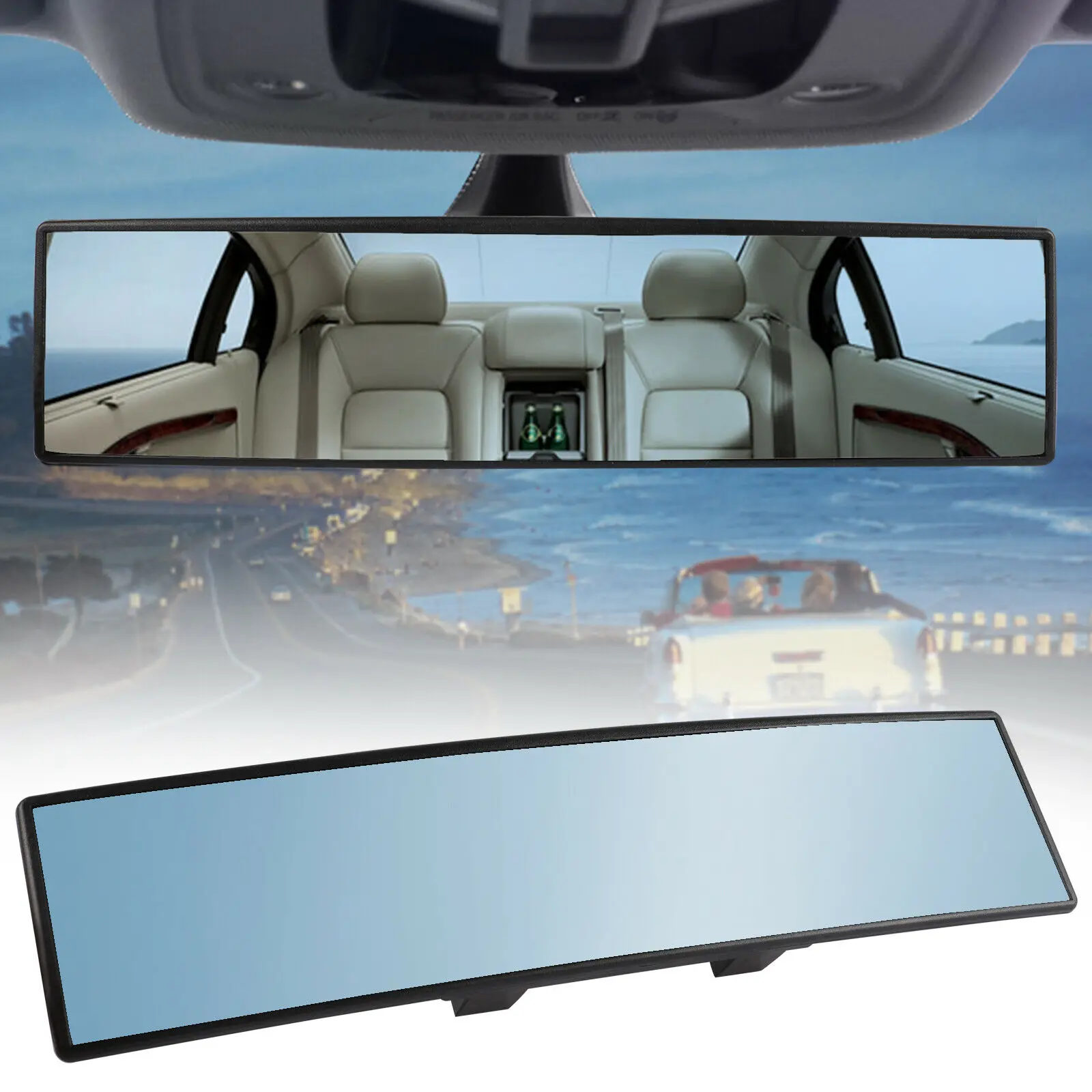 

Blue Glass 300mm Wide Flat Clip On Rear View Mirror w/Anti-Glare Blue Tint