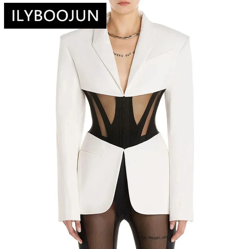 

Sexy White Black Perspective Mesh Splicing Slim Blazer Suits Outfit Mesh Splicing See Through Full Length Flare Pants Women