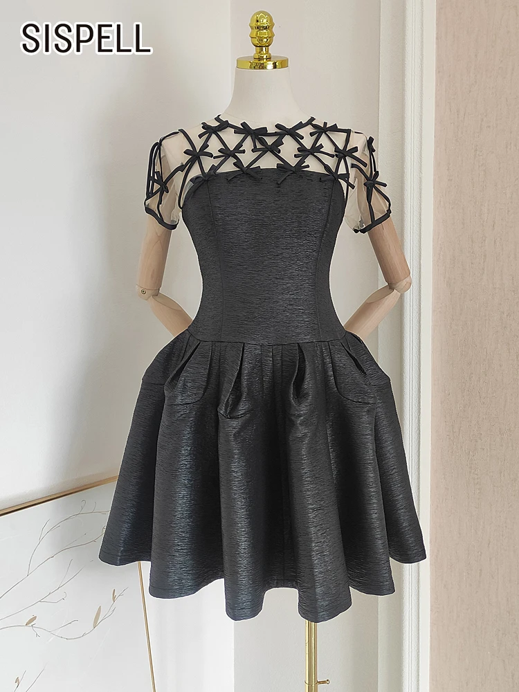 

SISPELL Solid Patchwork Mesh Mini Dress For Women Round Neck Short Sleeve High Waist Splied Bow Dresses Female Fashion New 2023