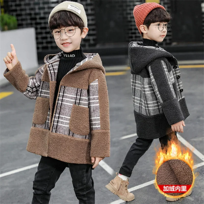 Girls Wool Coat Jacket Outerwear 2023 Hooded Thicken Plus Velvet Winter Autumn Cotton Children's Clothing