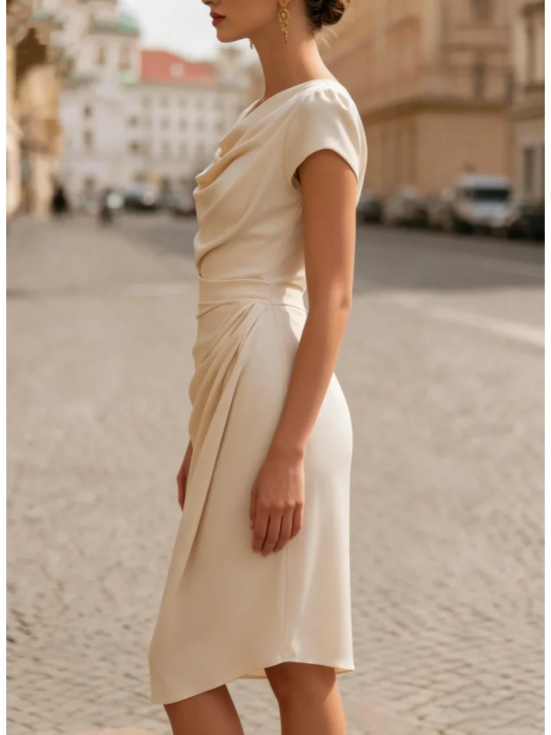 Women’s Elegant Cowl Neck Short Sleeve Fitted Midi Dress - Image 2