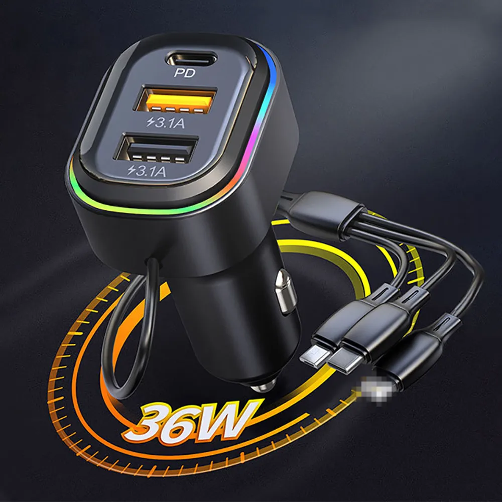 

3 IN 1 PD65W USB Car Charger Quick Charge QC4.0 QC3.0 FCP AFC Type C Car USB Fast Charging Cable For iPhone Huawei Car Accessory