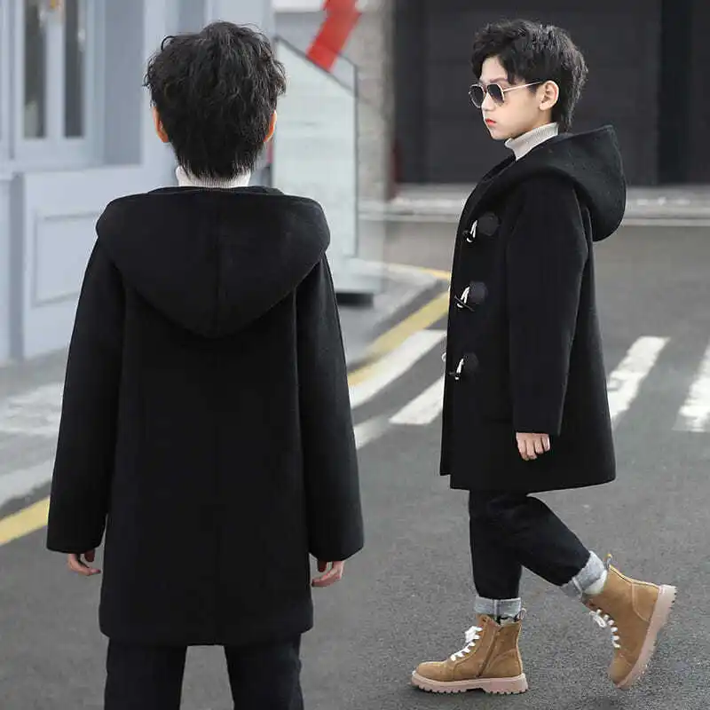 Boys Wool & Blends Winter Coat New Fashion Hooded Solid Single-Breasted Plus Cotton Warm Children Outerwear High Quality