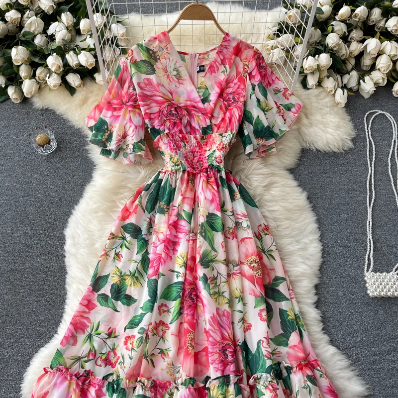 Elegant Party Dress Women Chiffon Printed Floral Long Dresses Ladies Short Sleeve Sexy V-neck Beach Maxi Dress Vestidos