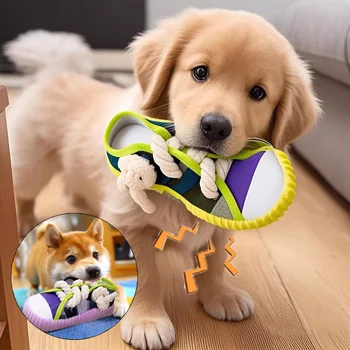 Dog Squeak Toy Teeth Grinding Bite Resistant Slippers Shape Puppy Chew Toy With Cotton Rope Pet Chewing Toys Dog Toys 1