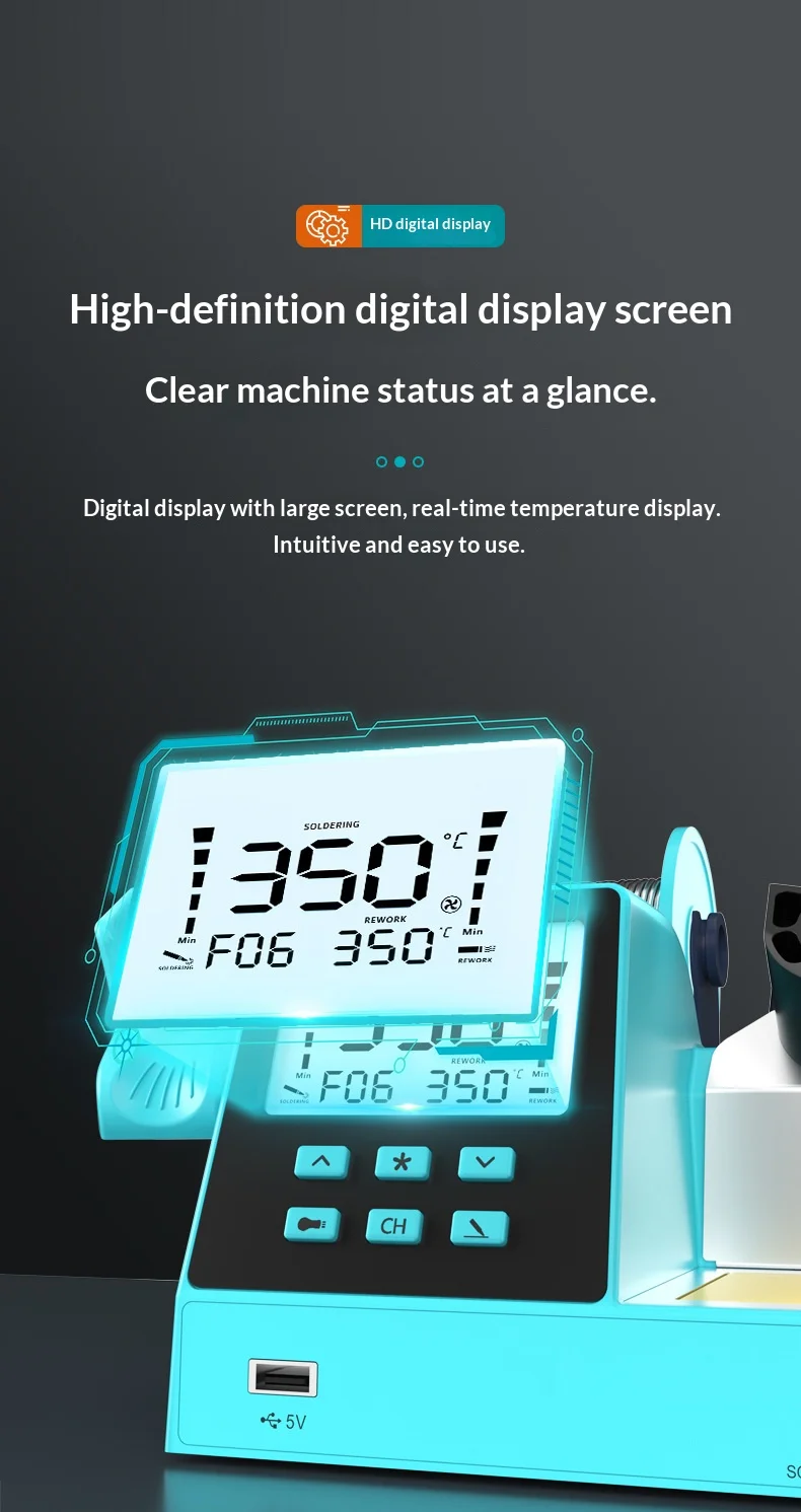 JH Digital Hot Air Rework & Soldering Station 2-in-1 with 640W Max Power 100-500