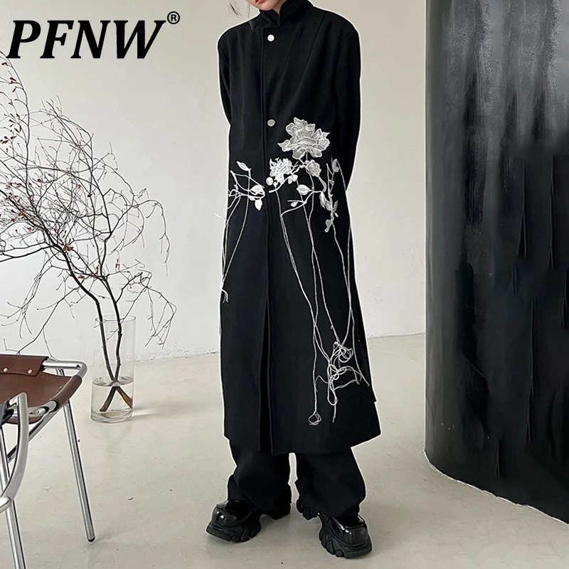 

PFNW Woolen Men's New Chinese Chic Long Coats Notched Collar Overcoats Rose Embroidery Male Casual 2023 Autumn Trendy 28W1602