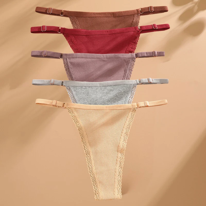 5PCS/Set Cotton Panties Sexy G-String Women's Underwear T-Back Lingerie Femme Underpants Briefs Adjustable Waist Thong Intimates