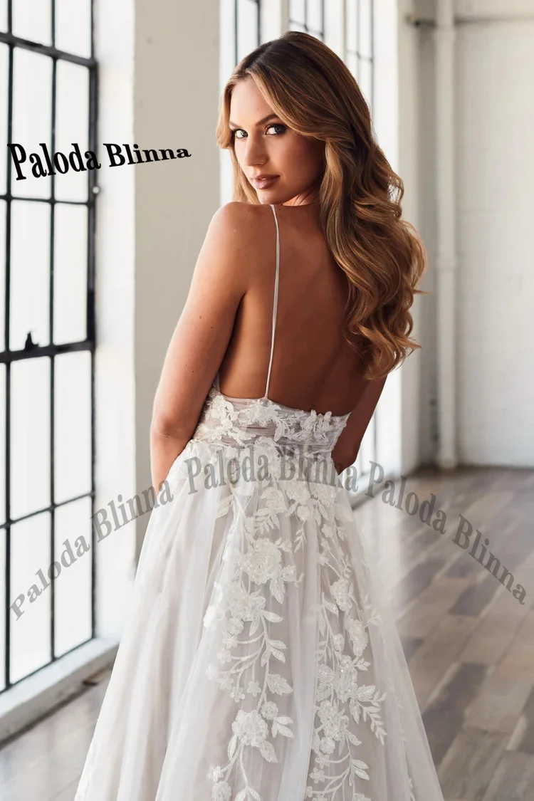 Paloda Modern V Neck Wedding Dresses 2023 Bride Spaghetti Straps Backless Tulle Appliques Vestido De Casamento Customised 3