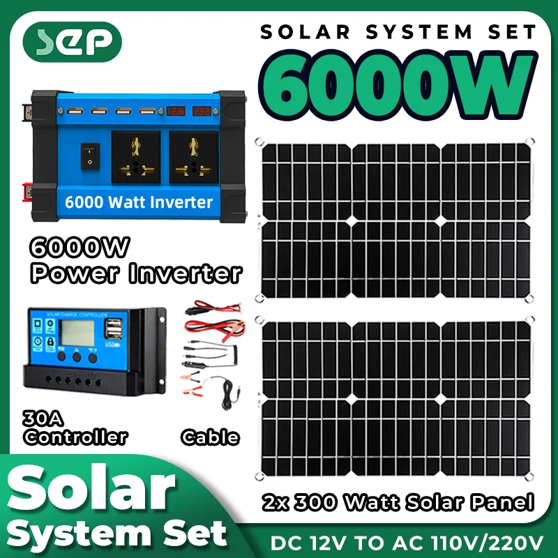 

Solar Kit 6000W interver solar system complete 12v Solar Power Generator 18V Solar Panel with 30A Charge Controller Set Camping