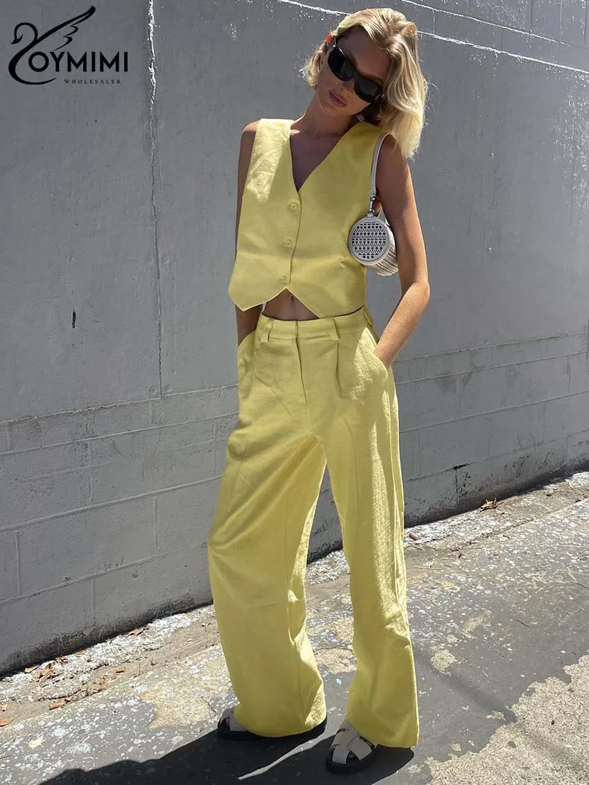 Oymimi Elegant Yellow Cotton Sets For Women 2 Pieces Spring V-Neck Sleeveless Button Crop Tank Tops And Simple Trousers Sets