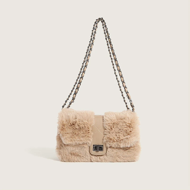 

Winter Fluffy Bags Female Small Khaki Color Shoulder Purse Black and Black Womnn Elegant Purses Faux Fur Bag Women