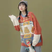 

Autumn and Winter New Round Neck Korean Loose and Simple Hong Kong Style Wild Stitching Pattern Printed Sweater Top
