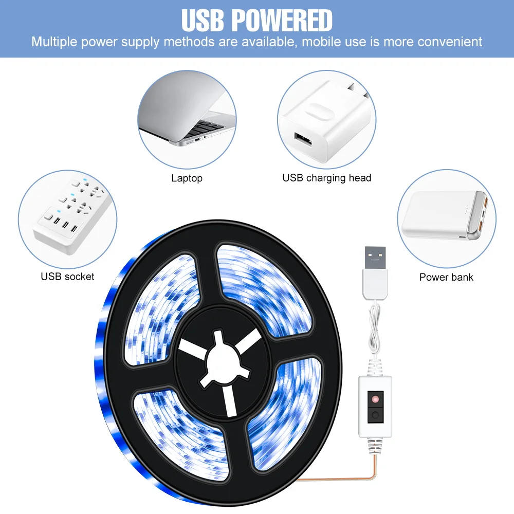 LED 스트립 조명 방수 유연한 램프 테이프, USB 밝기 조절 가능, TV 백라이트 리본 룸 장식, 침실 캐비닛 조명 다이오드, DC5V