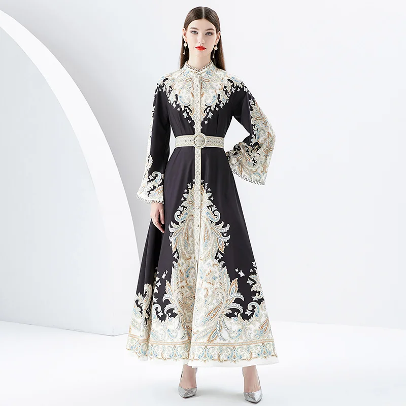 

2023 new fashion elegant party women's dress stand collar flared sleeve printed long lace dress