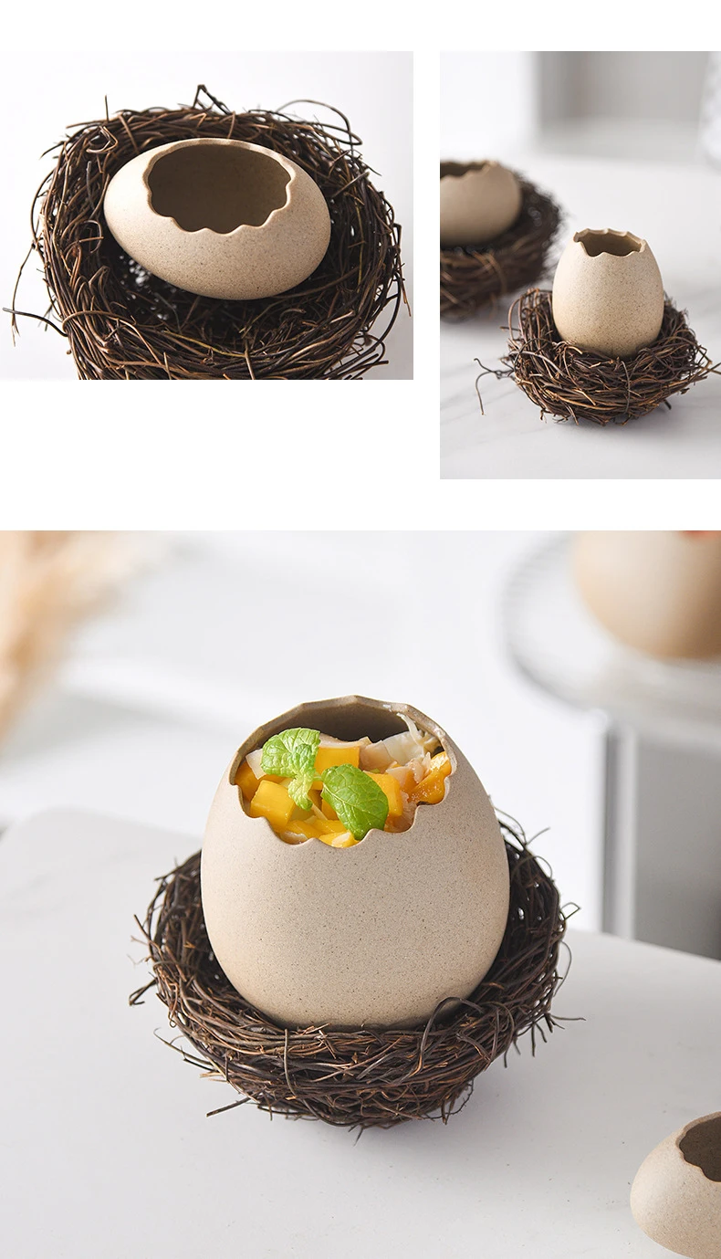 Ciotola Dessert A Forma Di Guscio D'Uovo Con Nido - In Ceramica, Decorativa, Per Gelato O Snack, 12x12x6cm - Foto 3